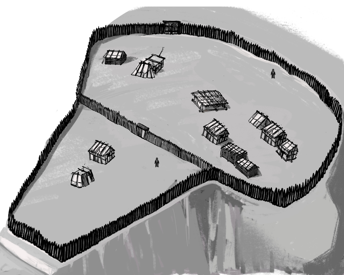 Усть-Терсюкское городище в ранний период с частоколом и эскарпом