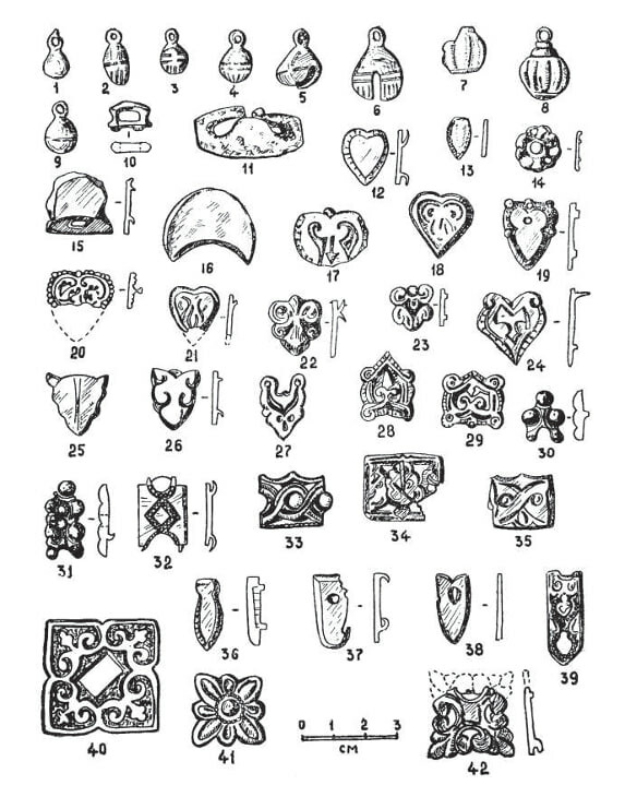 
Изделия из цветного металла с I Семеновского селища
Источник иллюстрации: «Археология Волго-Уралья. Том V. Средние века (VIII-начало XIII вв.)» / Институт археологии им. А.Х. Халикова АН РТ