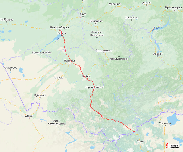 © yandex.ru/map-constructor (Р-256 «Чуйский тракт» на карте. Полностью дорогу от Новосибирска до монгольской границы стали именовать «Чуйским трактом» с 1961 г. До этого таковым считали только отрезок от Бийска до Ташанты)