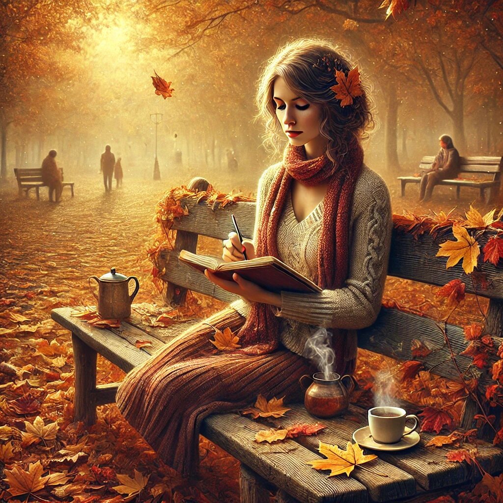 Девушка с поджатыми ножками на лавочке осенью