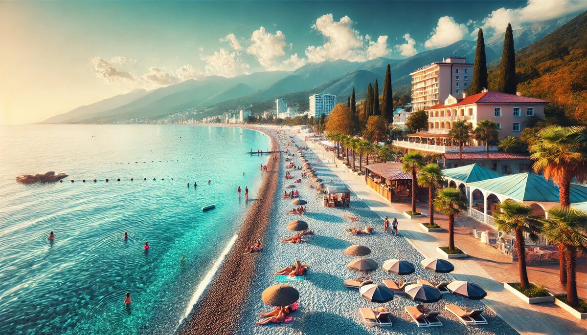 На фотографии изображен один из лучших пляжей Сочи. Чистая галька и прозрачные воды Черного моря создают идеальные условия для купания и отдыха. На пляже аккуратно расставлены зонты и лежаки, а пальмы добавляют тропический акцент. На фоне видны живописные горы под ясным голубым небом, подчеркивая естественную красоту и спокойную атмосферу этого пляжа.