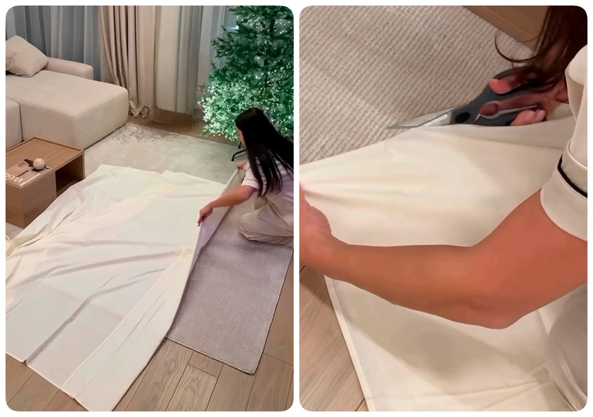 Одну простыню складываем в три раза и отрезаем лишнее. "Лишнее" ещё понадобится) 