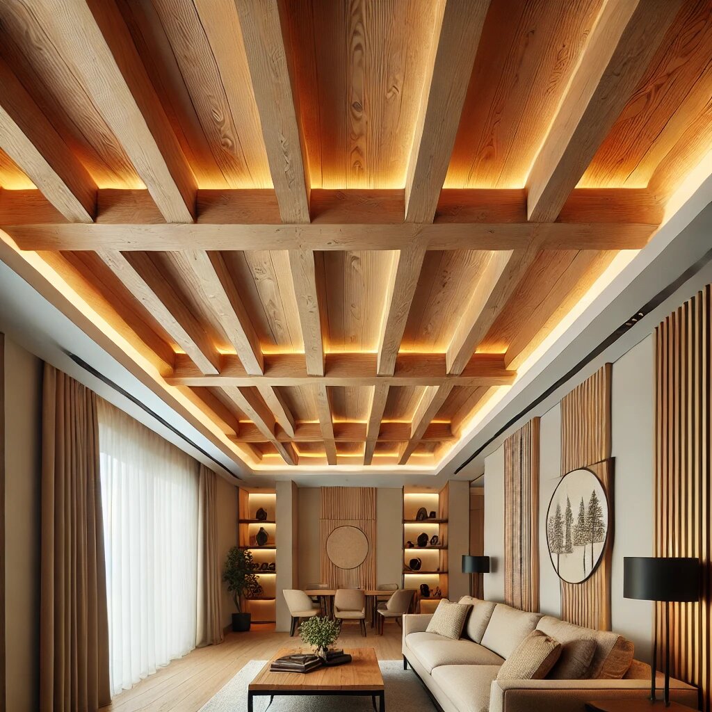 Потолок с декором деревянными брусками 