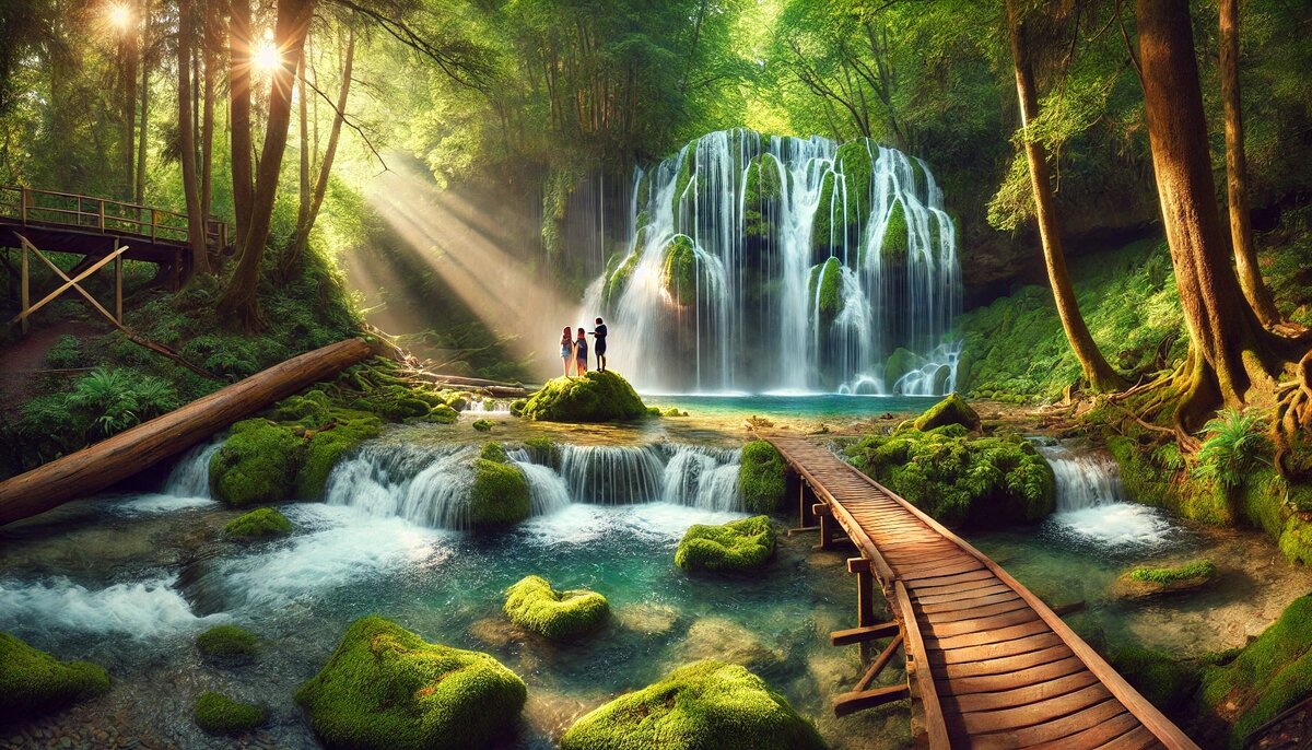 На фотографии изображён живописный водопад в Сочи. Прозрачная вода плавно стекает по поросшим мхом камням в спокойный бассейн, окружённый густой зеленью. Деревянная тропа ведёт посетителей ближе к водопаду, где пара делает фотографии и наслаждается тихой атмосферой. Высокие деревья и мягкий солнечный свет добавляют природной гармонии.