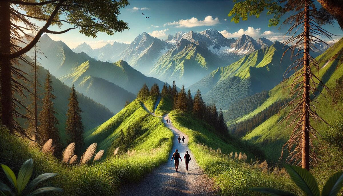 Фотография показывает живописный горный маршрут в Сочи, подходящий как для начинающих, так и для опытных туристов. Узкая тропинка проходит через густую зелень, открывая виды на величественные горы под ясным небом. На тропе видны туристы с рюкзаками, наслаждающиеся свежим воздухом и красотой природы.