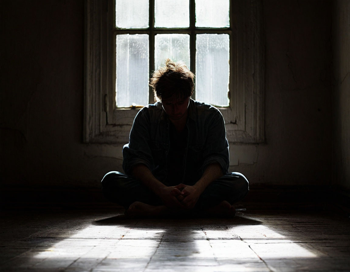 Человек, сидящий на полу в тёмной комнате, обхватив колени, где через окно пробивается слабый луч света.
