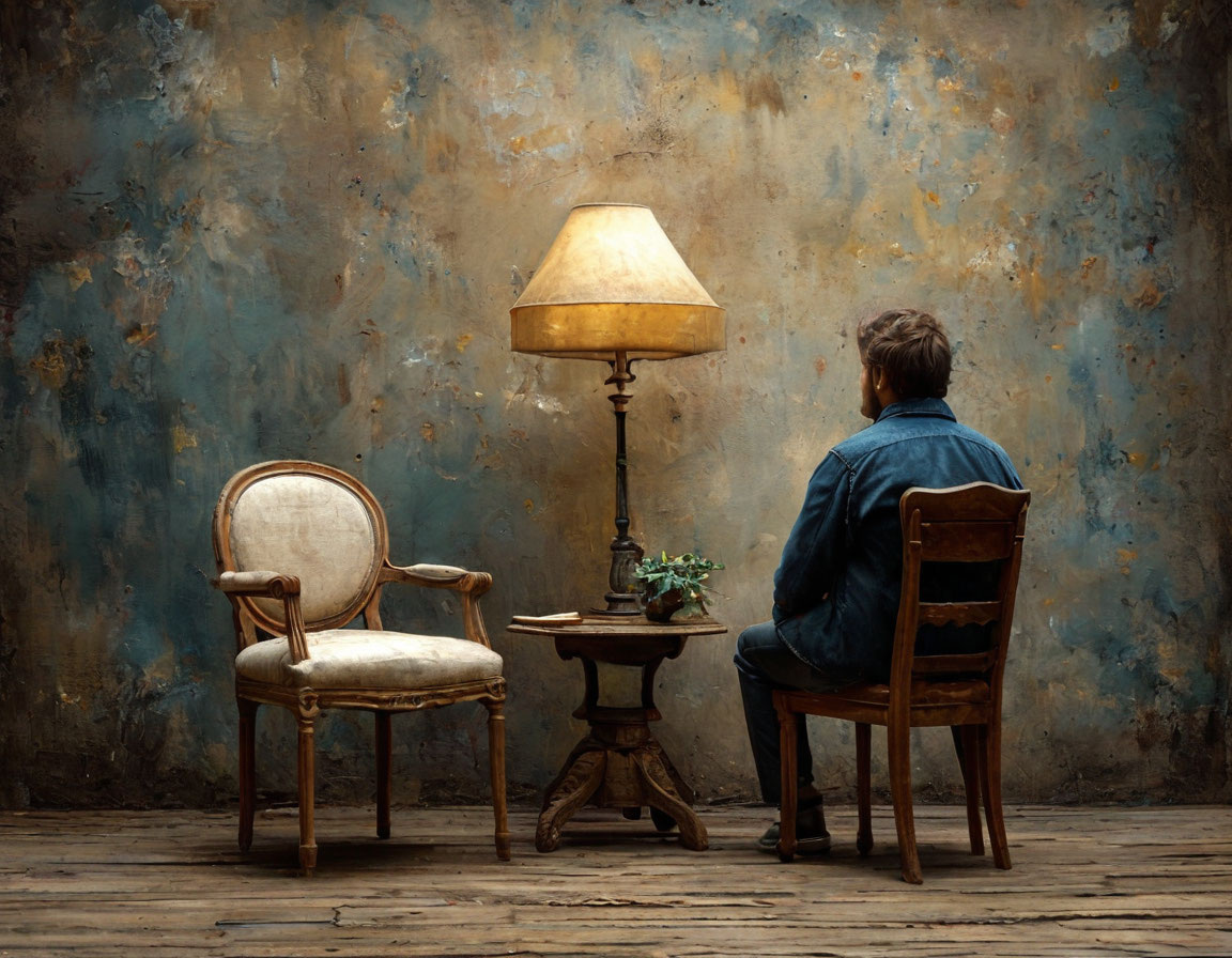 Два стула: один пустой, а на другом сидит задумавшийся человек, символизируя внутренний диалог.
