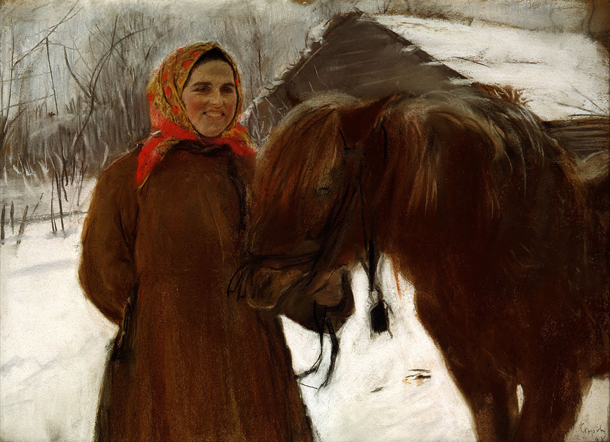 Валентин Серов. В деревне. Баба с лошадью. 1898. Бумага на картоне, пастель.
Государственная Третьяковская галерея