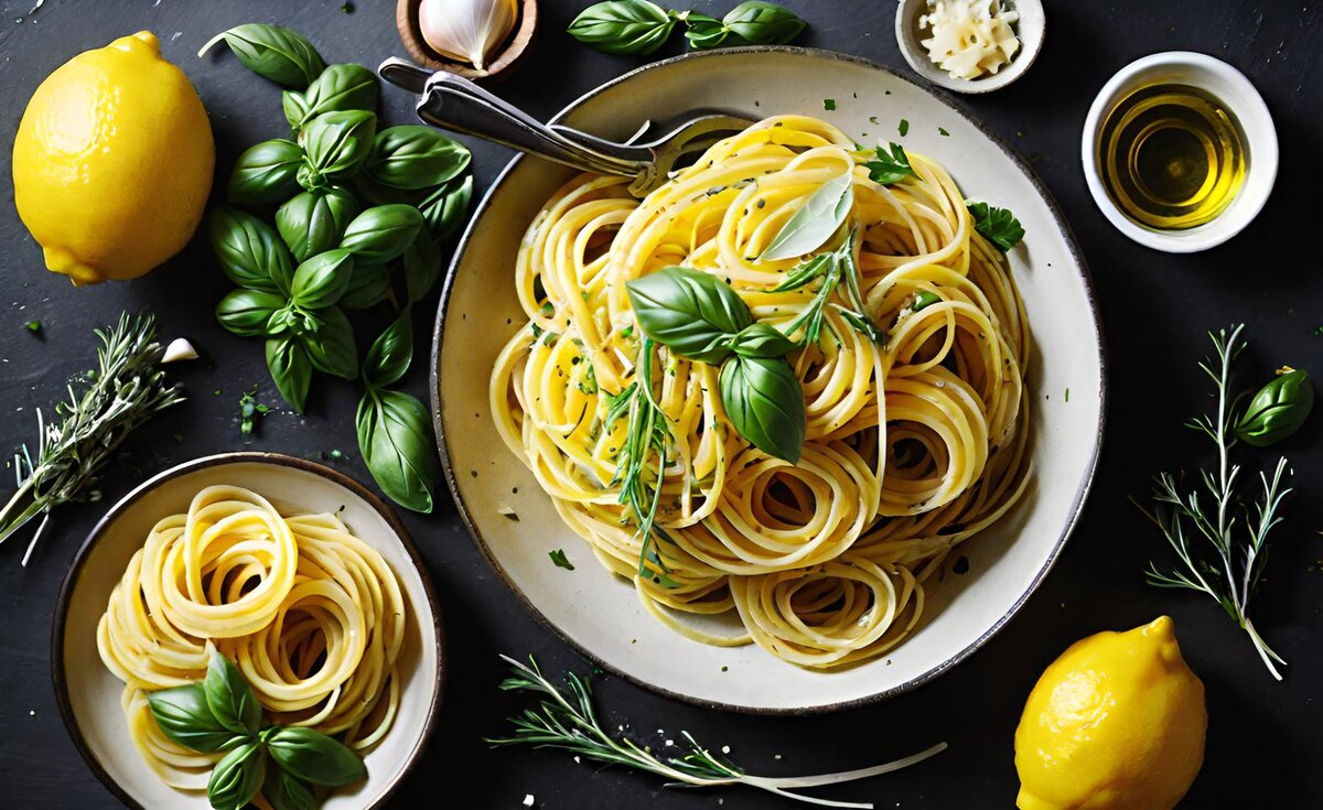 Паста с лимоном, чесноком, оливковым маслом, сыром и зеленью.

