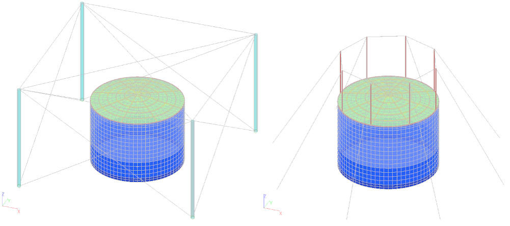 Расчётные схемы резервуаров с ЗОК в ПВК SCAD: независимый / зависимый каркас