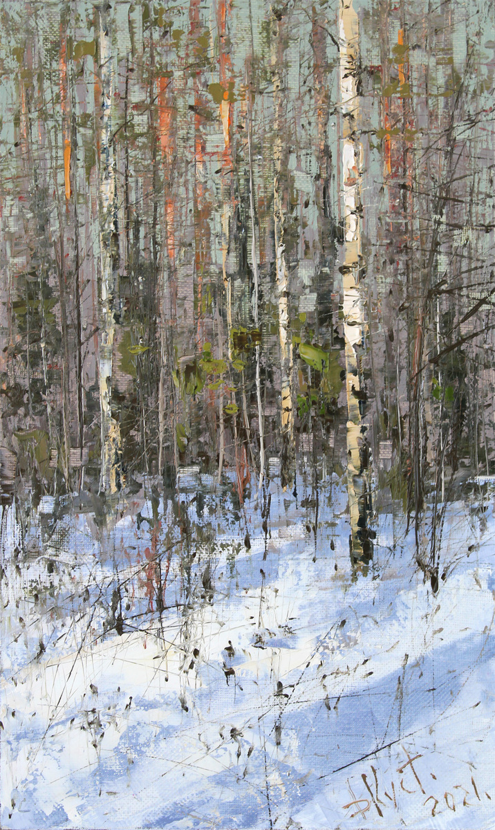 Художник Дмитрий Кустанович. Этюд в зимнем лесу, 50x30 см, холст, масло, 2021