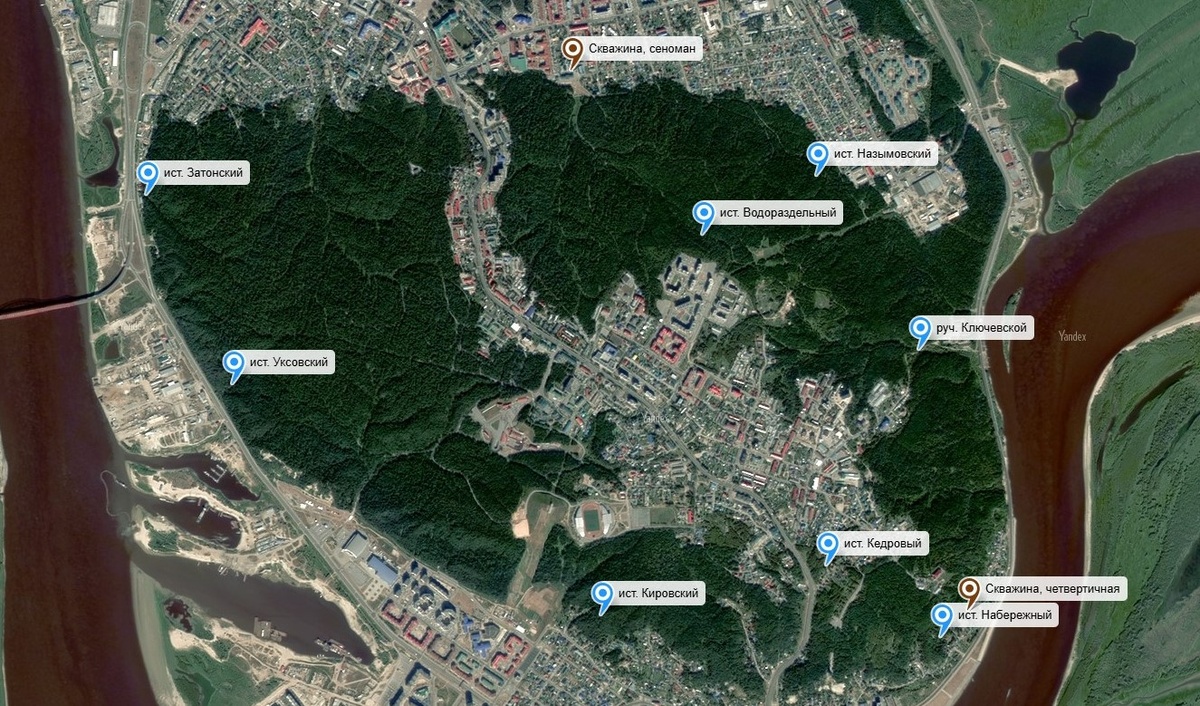 Голубым на карте обозначены источники, в которых отбиралась вода на анализ, коричневым - скважины.