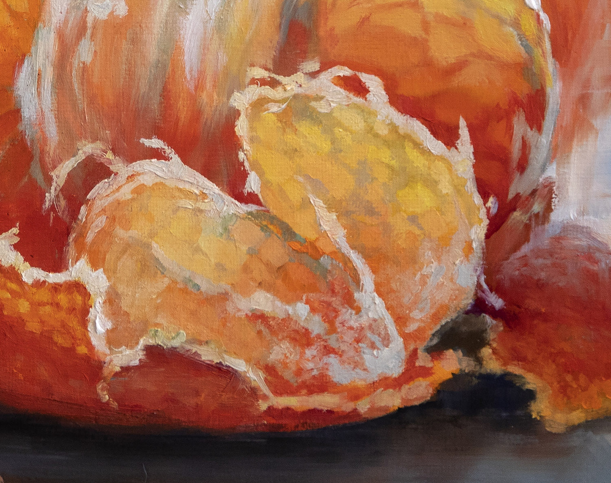 Фрагмент картины масолм на холсте "Новогодний мандарин", автор - Юлия Кравченко.