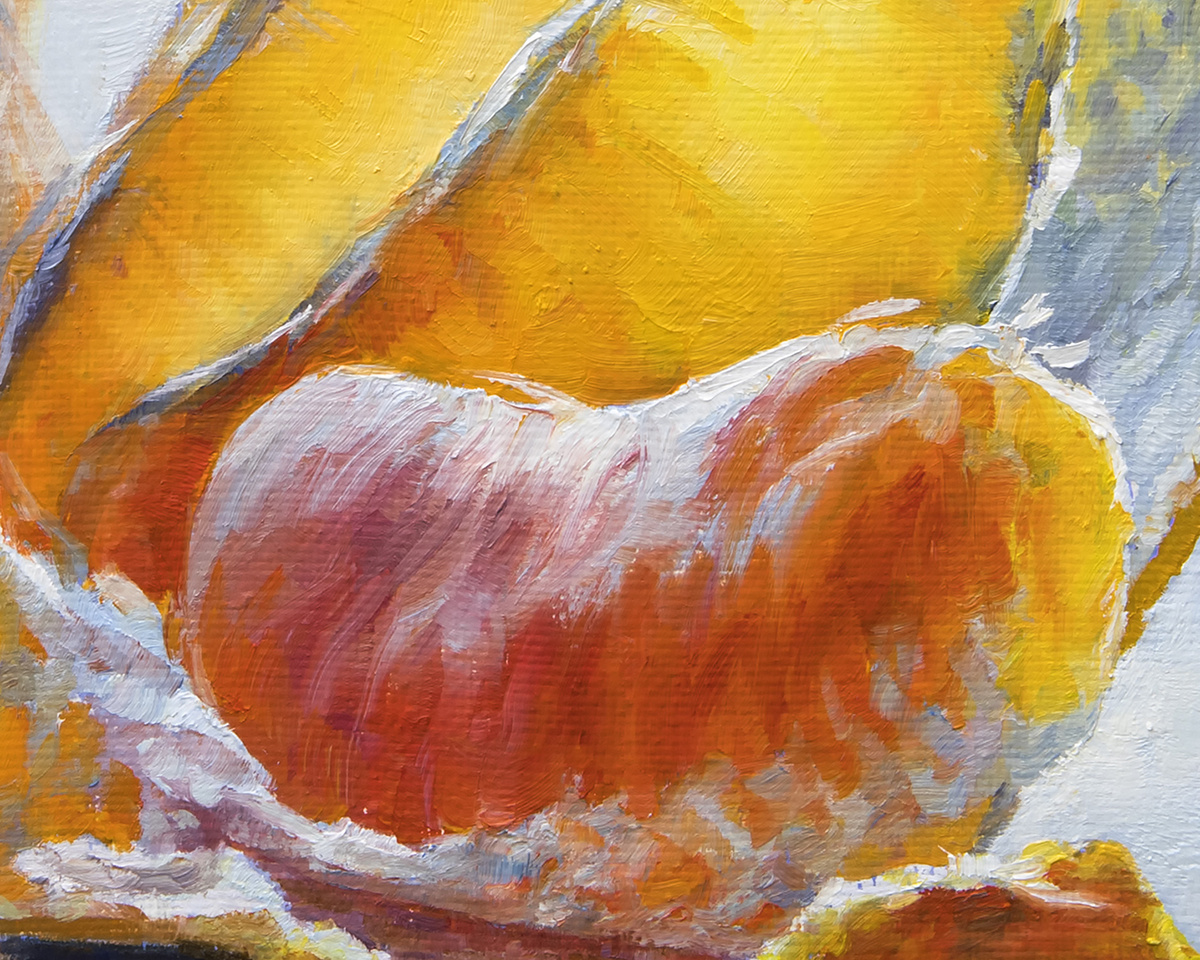 Фрагмент картины маслом на холсте "Спелый мандарин", авутор - Юлия Кравченко.
