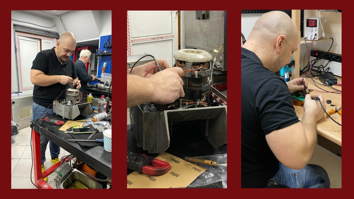 Наш специалист Кирилл, врачеватель микросхем, проверяет плату овощерезки Robot-Coupe CL 50 на наличие повреждений