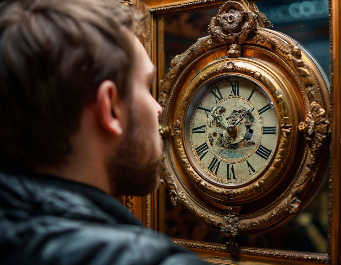 Человек смотрит на своё отражение в зеркале, но вместо лица виден циферблат часов.