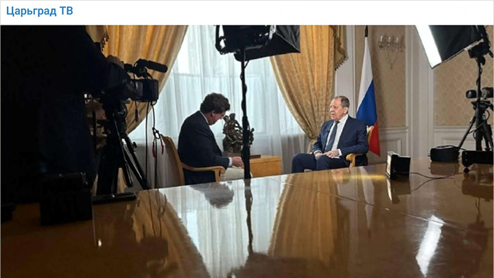    Такер взял интервью у Лаврова//Скриншот поста из ТГ-канала "Царьград ТВ"