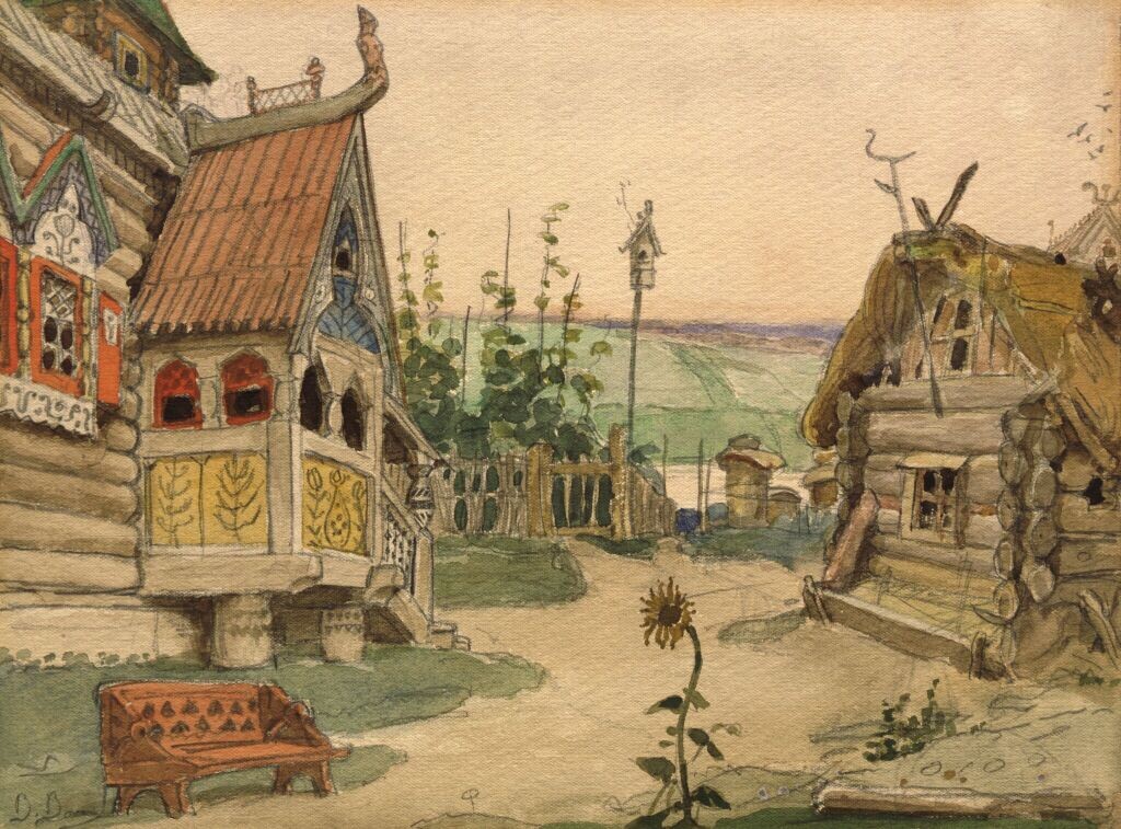 «Заречная слободка Берендеевка». Эскиз к первому действию оперы. Бумага, акварель, гуашь, графитный карандаш (фото: my.tretyakov.ru)