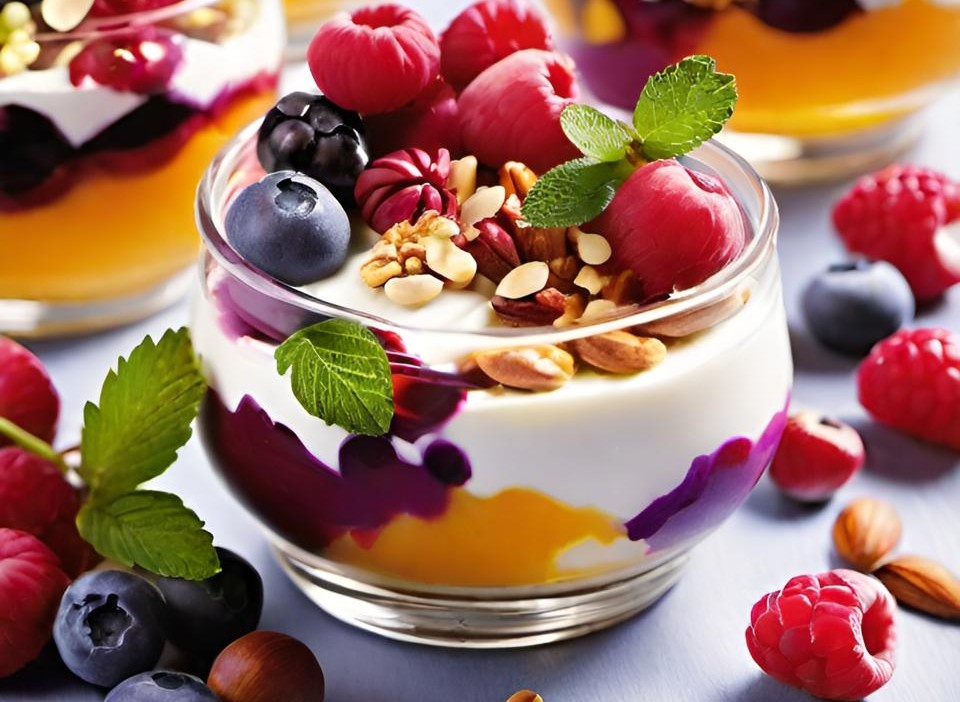 Творожный десерт с ягодами, медом, йогуртом и орехами.

