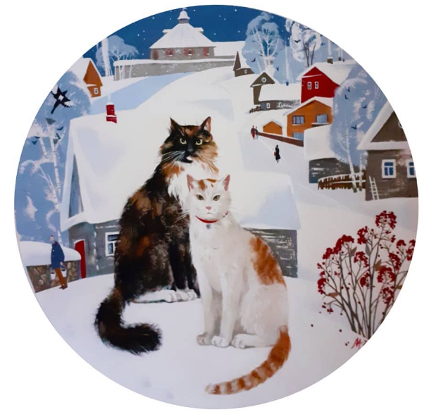 Вася и Мура. 2020 г. Бумага, темпера. Диаметр 27 см