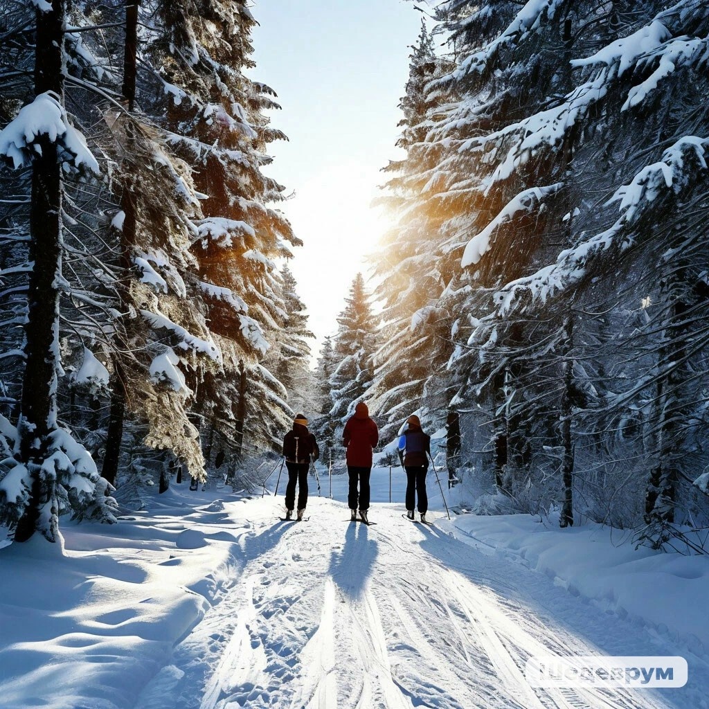 фото создано нейросетью: зима в лесу, лыжники