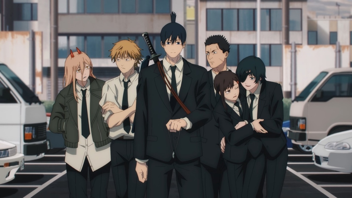 Кадр из аниме «Человек Бензопила» с героями отряда охотников