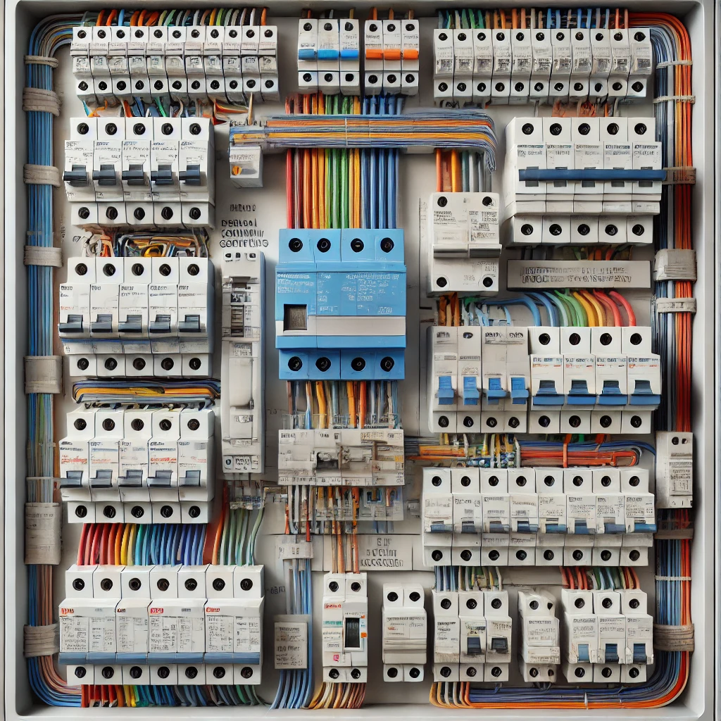 изображение распределительного щитка с автоматическими выключателями, УЗО и другими элементами