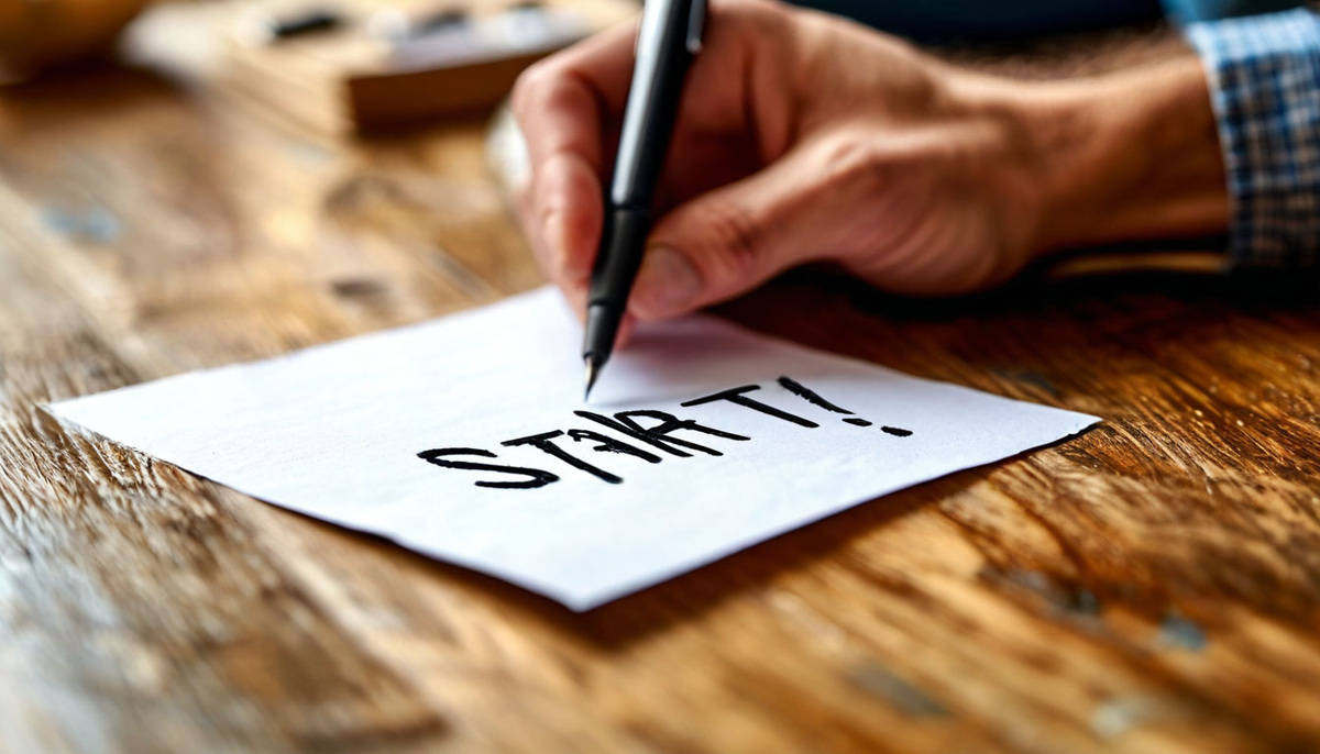 Лист бумаги с надписью «Начни!» и рукой, зависшей над ним с ручкой