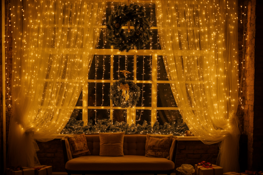 Целый занавес из гирлянд, красиво сочетается с мягким объемным тюлем