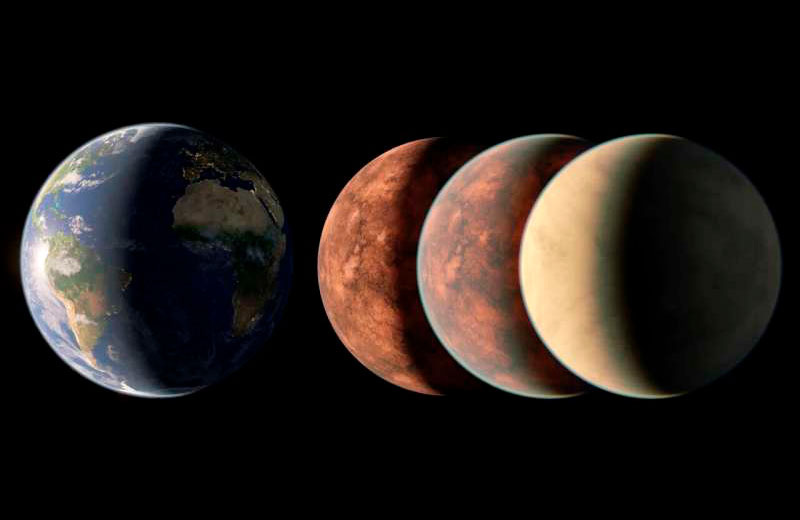 Экзопланета Gliese 12 b, открытие которой было объявлено в мае 2024 года, находится в 40 световых годах от нас и может иметь размер Земли или немного меньше, в этом случае она будет эквивалентна Венере. В этой художественной концепции справа представлены возможные интерпретации планеты, без и с атмосферой, которая может быть такой же толстой и плотной, как у Венеры.