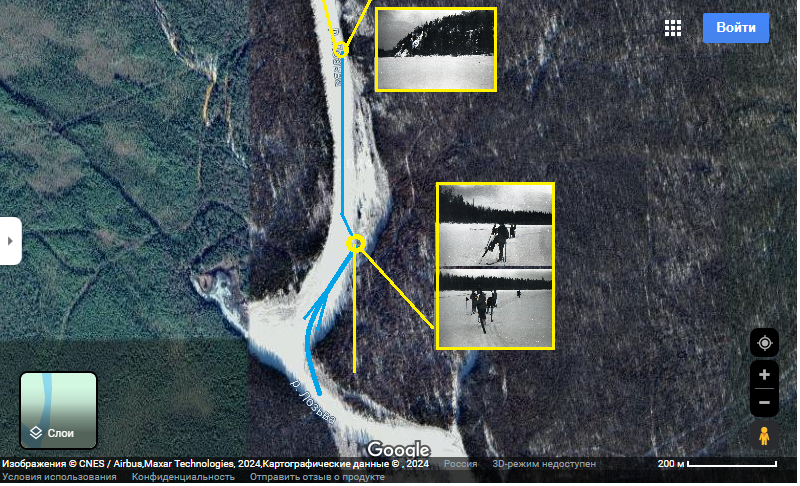 Фото 1. Точки и ракурсы, с которых дятловцы вечером 27 января сделали два кадра "У полыньи" и кадр с Горкой. 