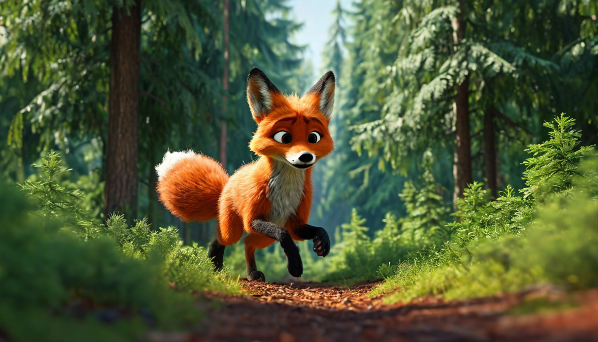 Испуганная лиса убегает в лес