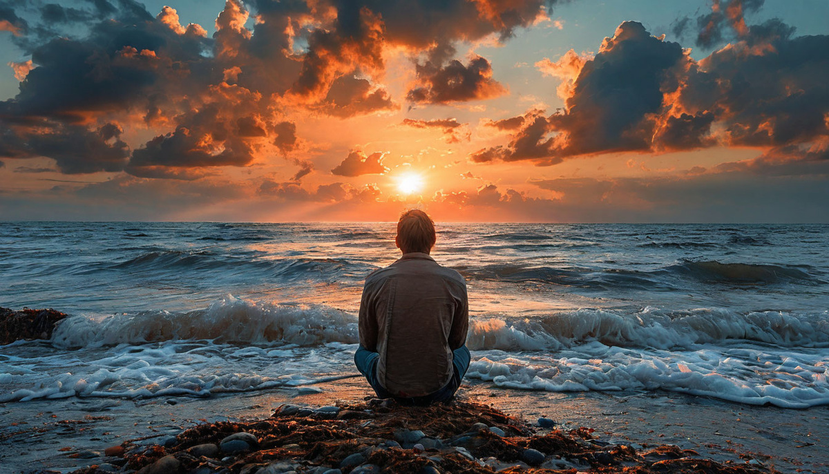 Одинокий человек на берегу моря, смотрящий на удаляющийся горизонт. Это символизирует чувство утраты и размышления о том, что ждёт впереди.