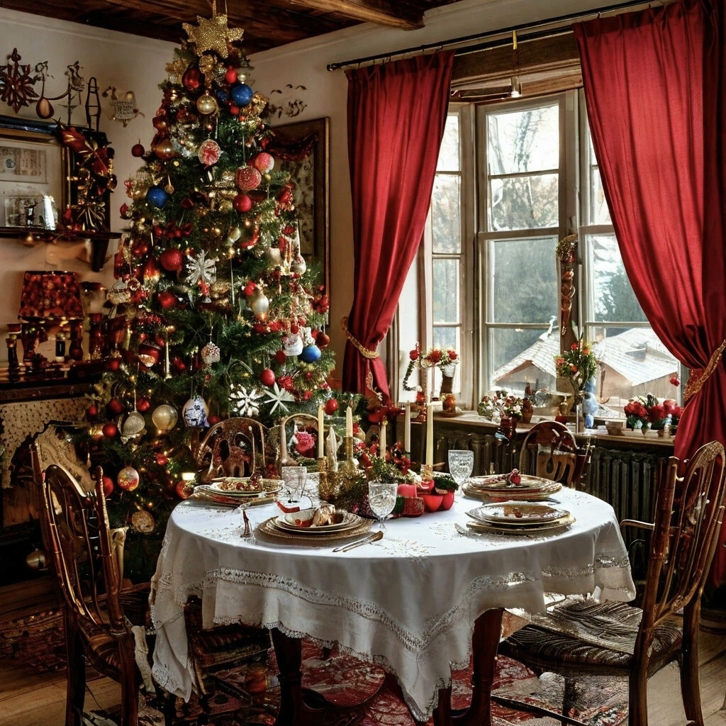 Семейное украшение ёлки в уютной домашней обстановке.