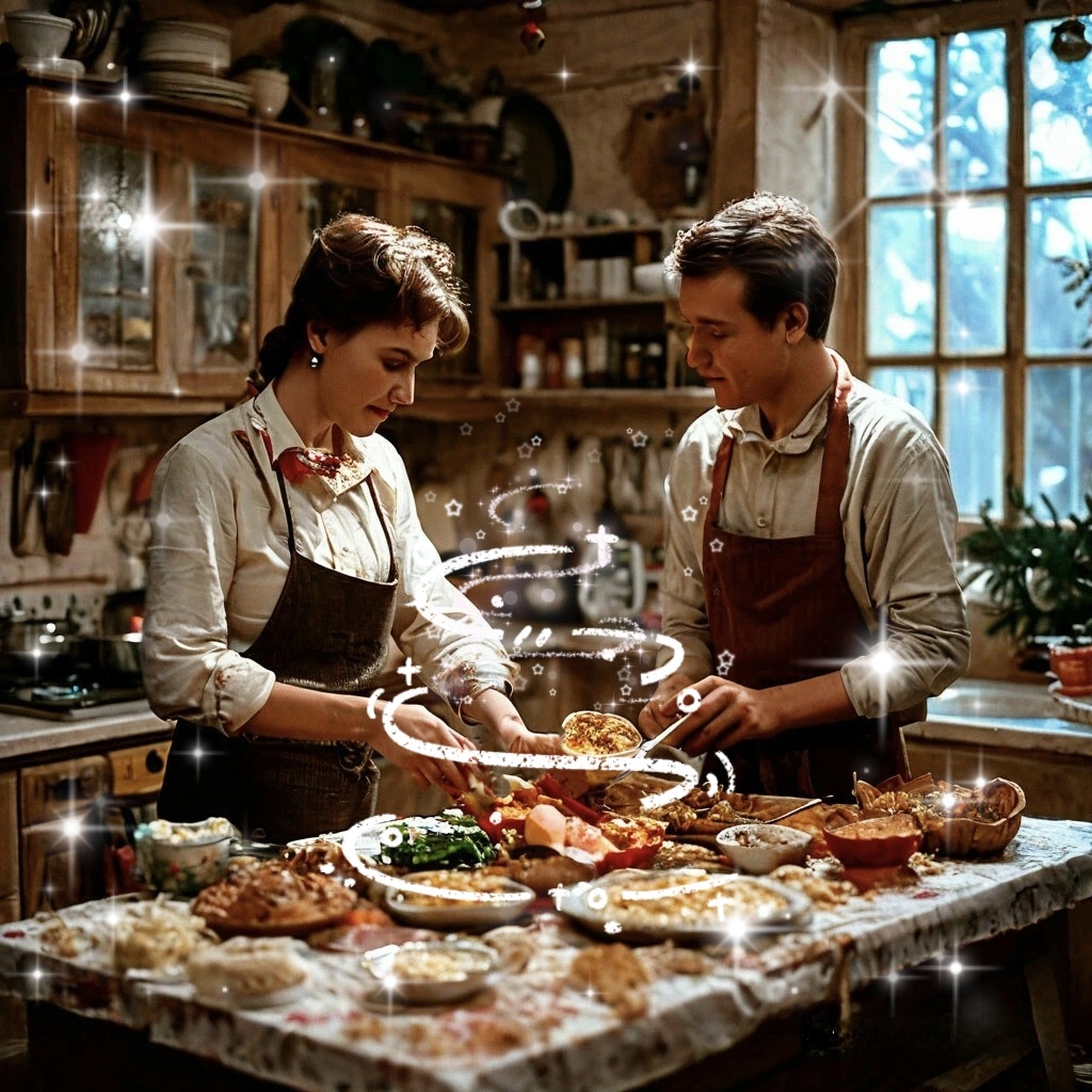 Семья готовит новогодний ужин на кухне.