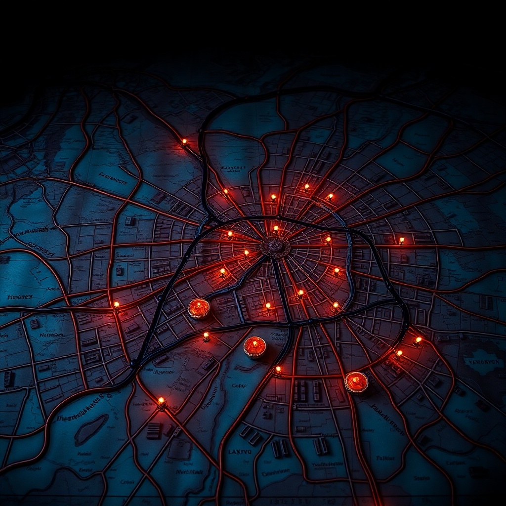 Карта Екатеринбурга, на которой отмечены возможные варианты расположения клада. Генерации ИИ