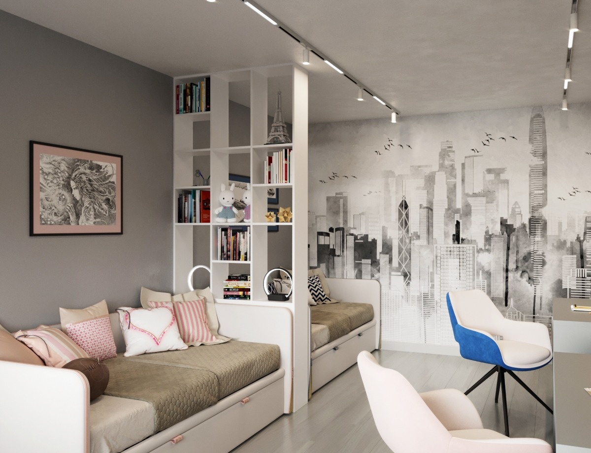 Разделительная перегородвка в комнате мальчика и девочки.