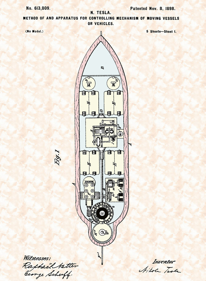 Полученный в 1898 г. патент Николы Теслы на роботизированную лодку с беспроводным управлением, оснащенную аккумулятором, моторным винтом, рулем и фонарями