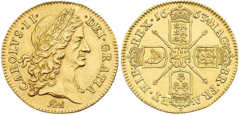 Гинея 1663 года. Эти монеты были самыми чистыми по содержанию золота среди монет и было выше чем 90 процентов.