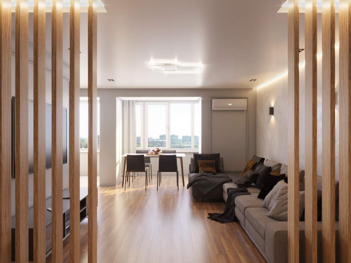 Перегородка из бруса в интерьере гостиной 