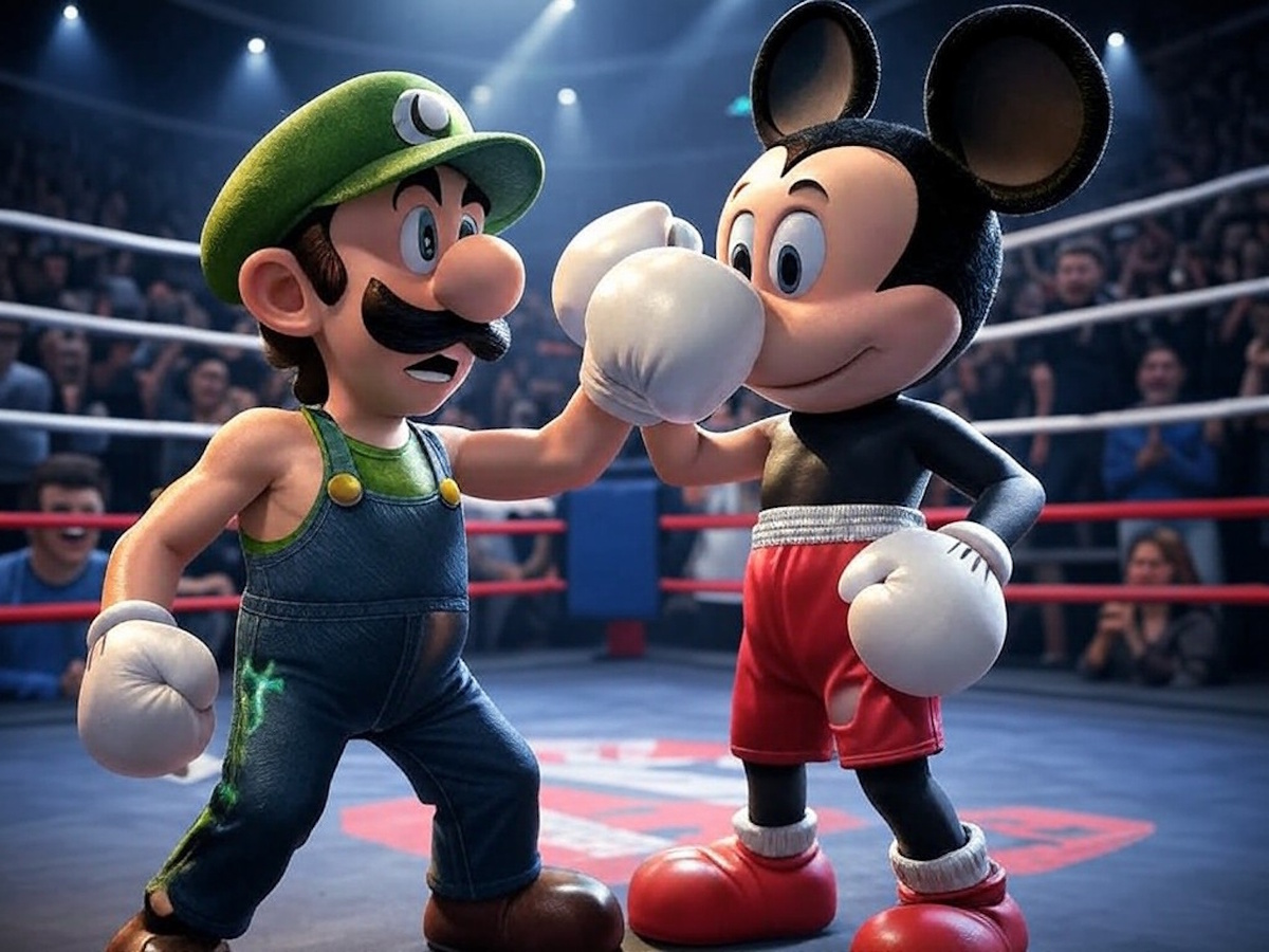 Бой Луиджи с Мики-Маусом (C) Grok AI