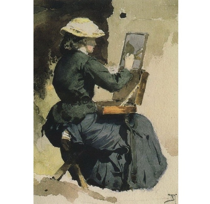 Василий Поленов. Портрет Н.В. Якунчиковой (Поленовой) за этюдом. 1882. Картон, акварель. 14,1 х 11,3. Государственный историко-художественный и литературный музей-заповедник «Абрамцево»