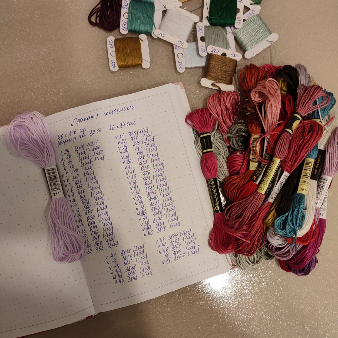 Моя стандартная подготовка к любому процессу: выписываю все номера мулине по ключу и занимаюсь поиском мулине из общей кучи.