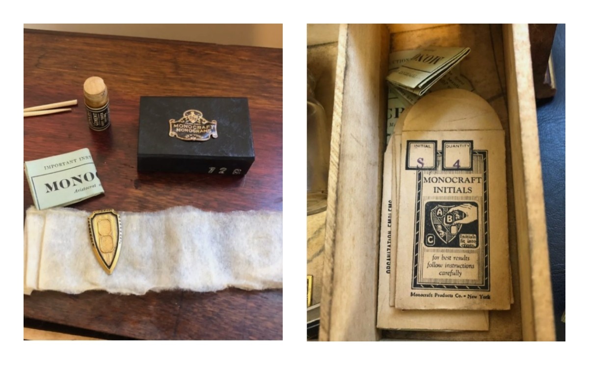 Фирменная коробочка Monocraft c планшеткой и инструкцией (слева)  и упаковочные пакетики с инициалами (справа)