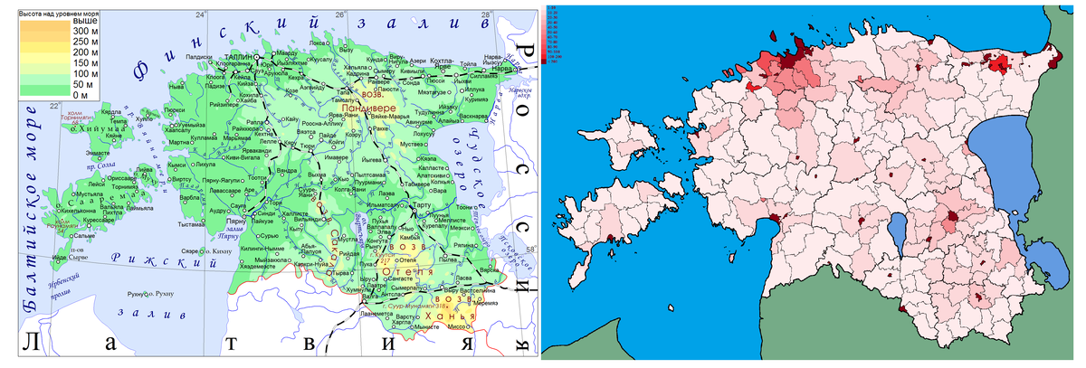 Физическая карта и карта плотности населения Эстонии