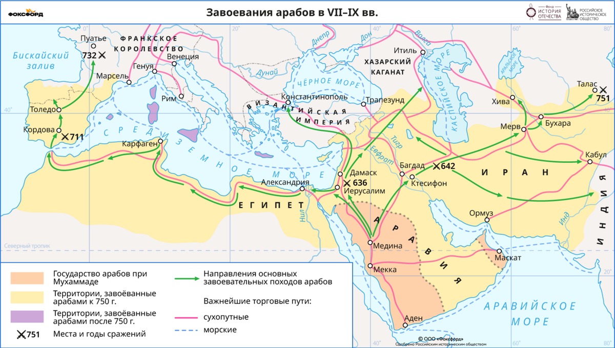 Карта арабских завоеваний в VII–IX вв.
