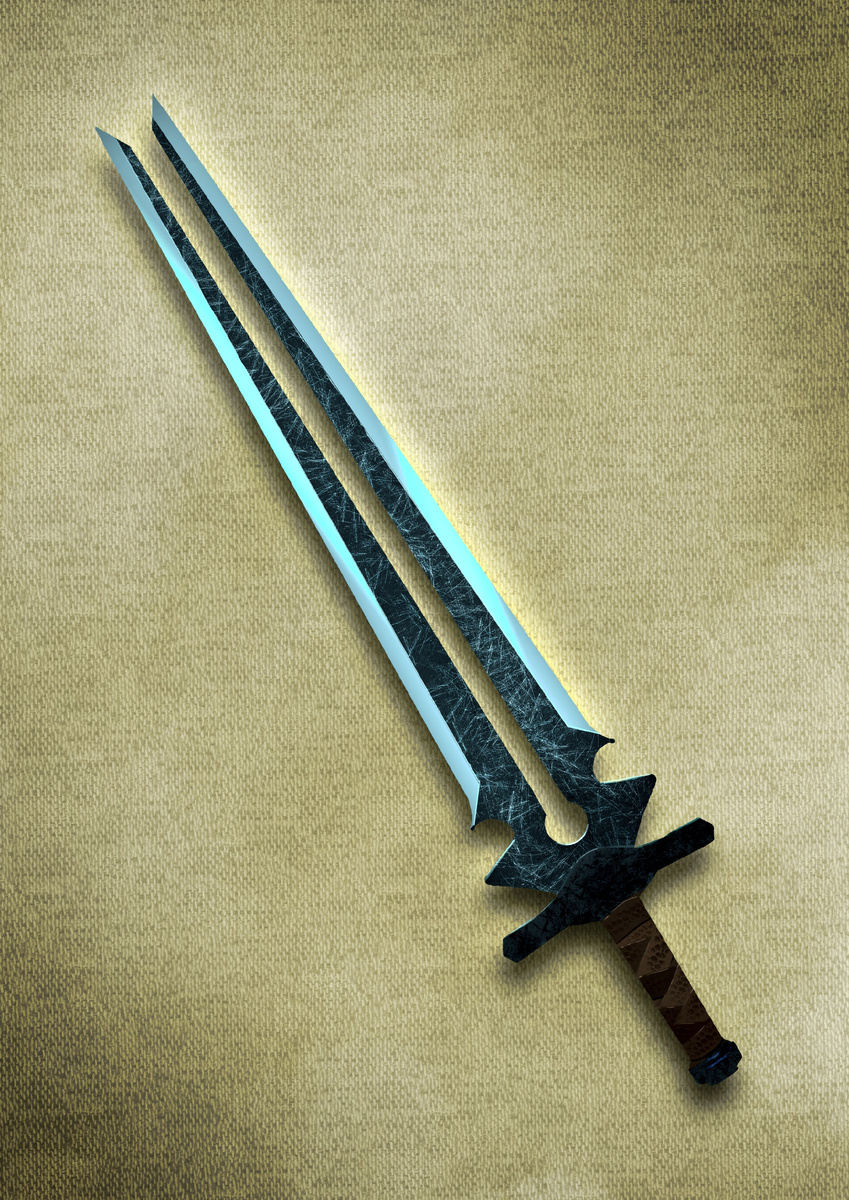 Это двуручный меч. Не знаю, насколько мне удалось передать его двуручность. Не знаю даже, как его назвать: двухклинковый или с раздвоенным лезвием? Интересно, насколько такой меч был бы функционален в реале.