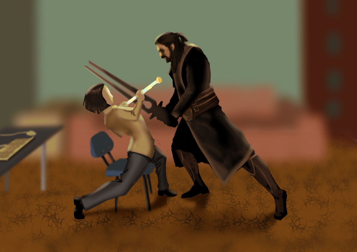 Поскольку женщину я видел лишь периферией, то не знаю точно, во что она была одета. Но верх у неё был белый с разноцветными пятнами. Пятна я забыл нарисовать.