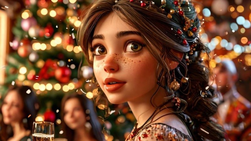    Девушка на новогоднем корпоративе ждёт выхода Деда Мороза и Снегурочки