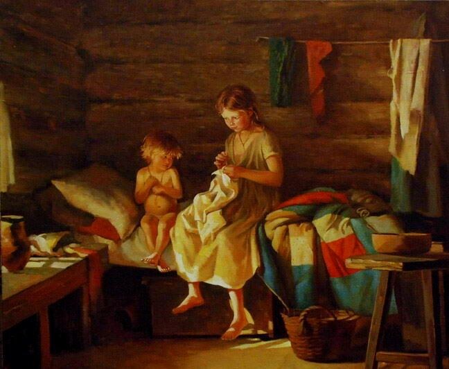 Чистота в доме, чистота на лицах. Две девочи-сестренки, оторые по жизни будут поддерживать друг друга и заботиться друг о друге.